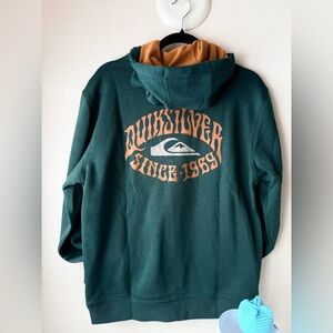Quiksilver Men's Dark Green Hoodie with Orange Back Graphic